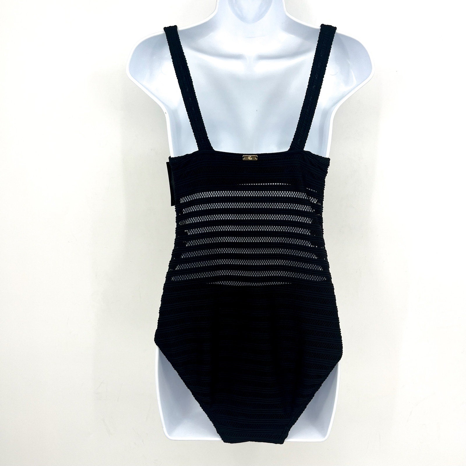 LAUREN RALPH LAUREN Ottoman One-Piece Swimsuit Size 14 Black Mesh Stripe NWT