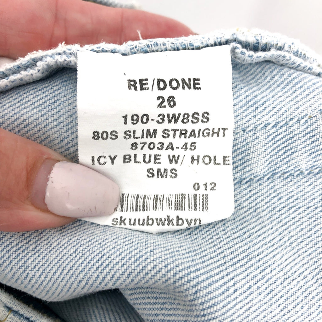 RE/DONE Womens 80s Slim Straight Jeans Size 26 US 2 Icy Blue Hole Button Fly NWT