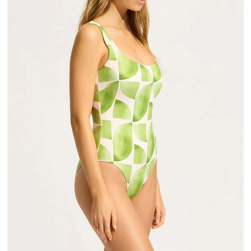 Seafolly Women's Sunray One Piece Swimsuit Size 14 DD Sage Green Geometric NWT