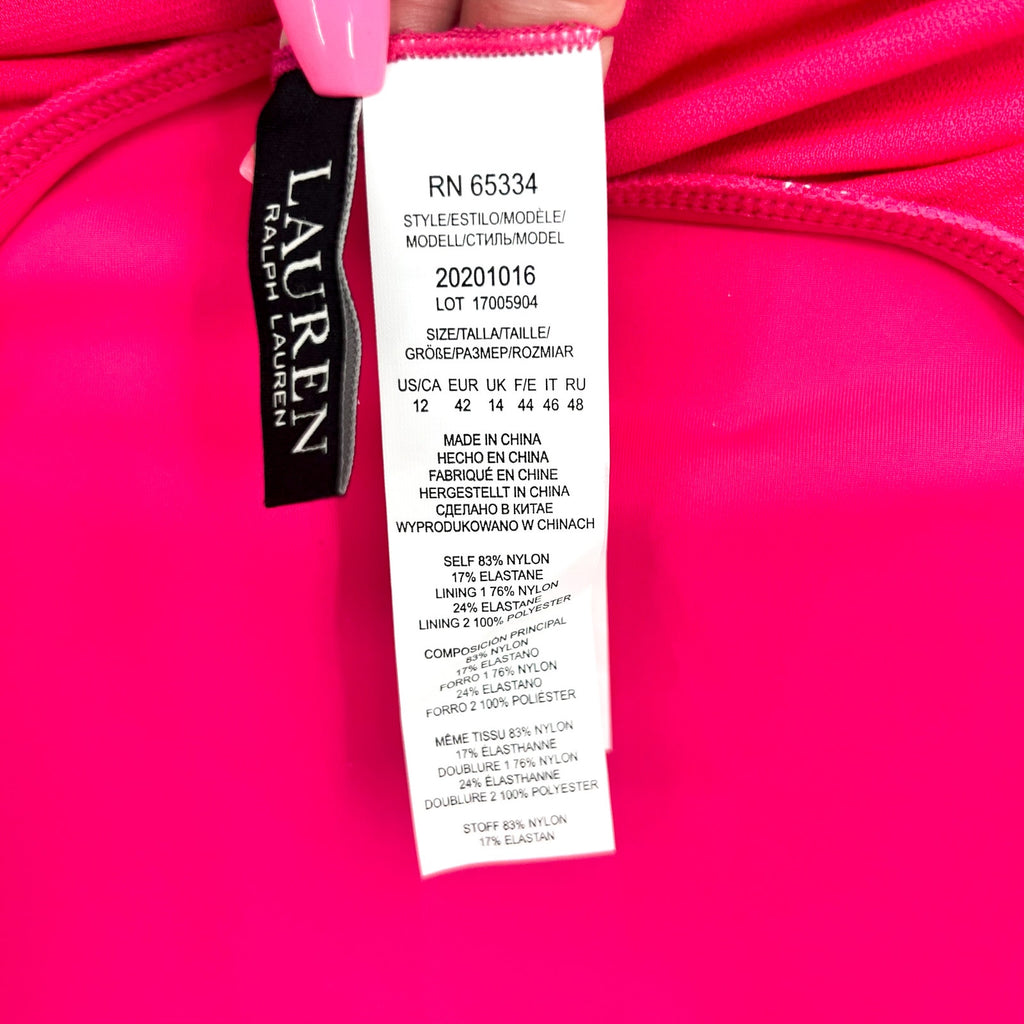 LAUREN RALPH LAUREN Over The Shoulder One Piece Swimsuit Size 12 Pink Ring NWT
