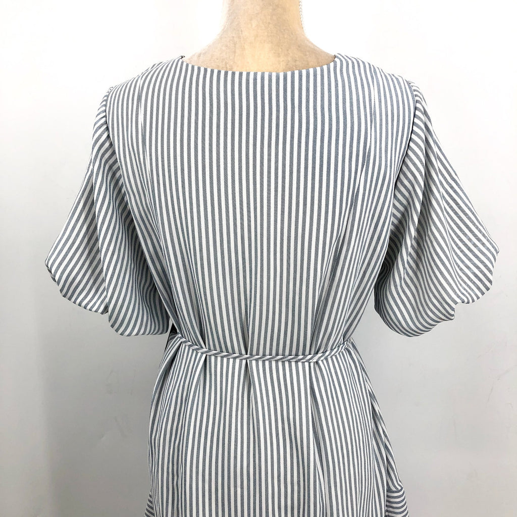VINCE CAMUTO Women's V-Neck Dress Medium New Ivory Blue Oasis Stripe Belted NWT