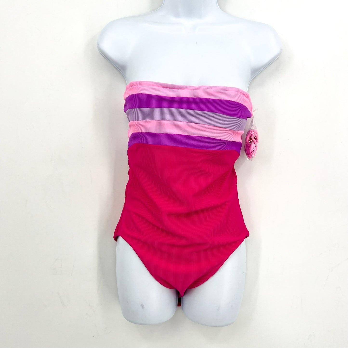 BEACH RIOT Jessa Bandeau One Piece Swimsuit Medium Pink Raspberry Colorblock NWT