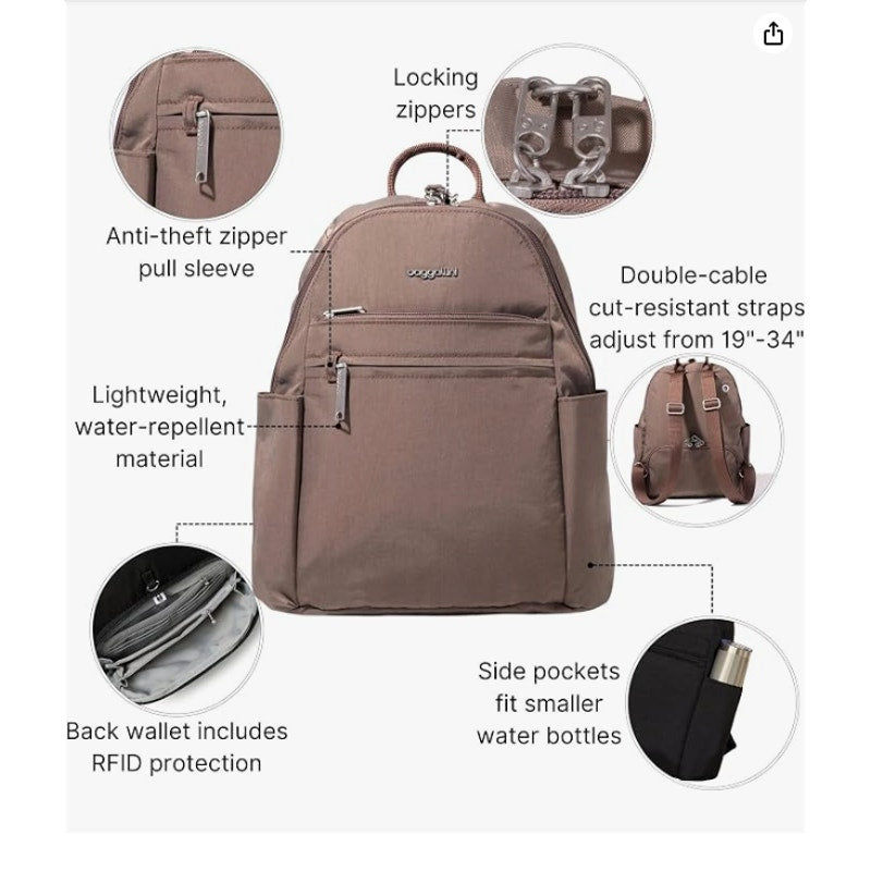 BAGGALLINI Securtex Anti-Theft Vacation Backpack Beige Portobello NWOT