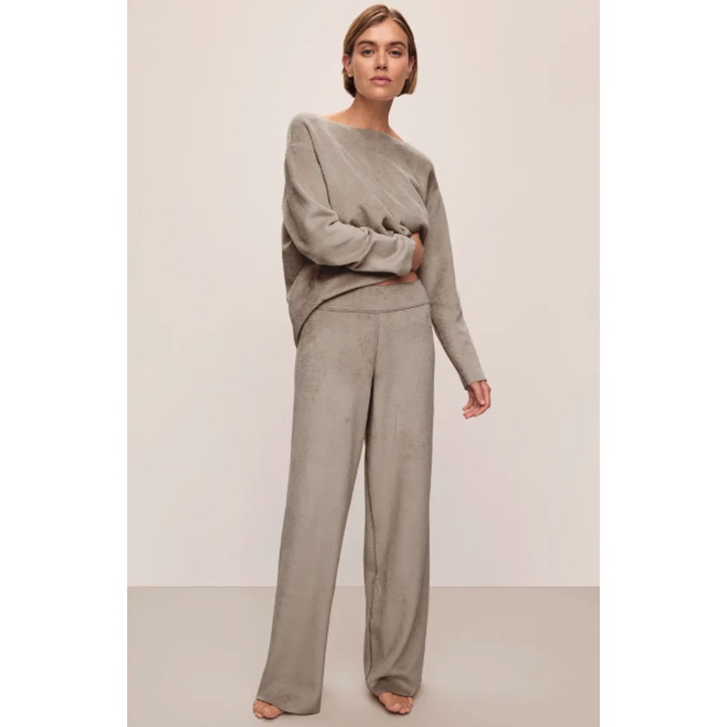 EBERJEY Women's Reversible Plush High Waist Pants Small Tan Toffee Pull-On NWOT