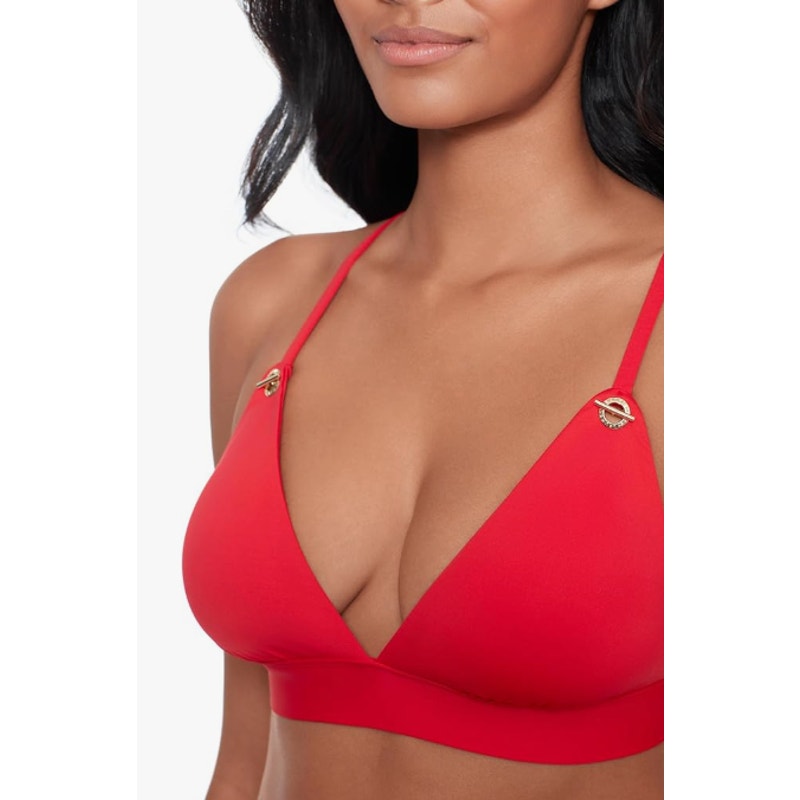 LAUREN RALPH Toggle V Neck Bikini Top Size 12 Red LAUREN Beach Club Solids NWT