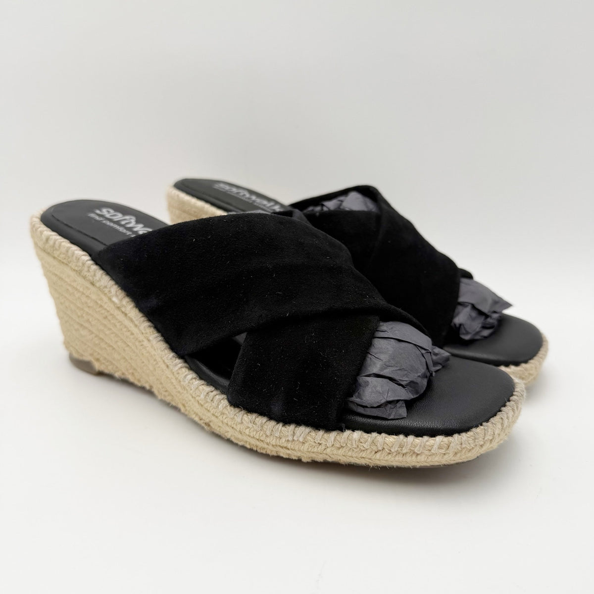 Softwalk Womens Hastings Wedge Sandals Size 7 WIDE Black Suede NIB