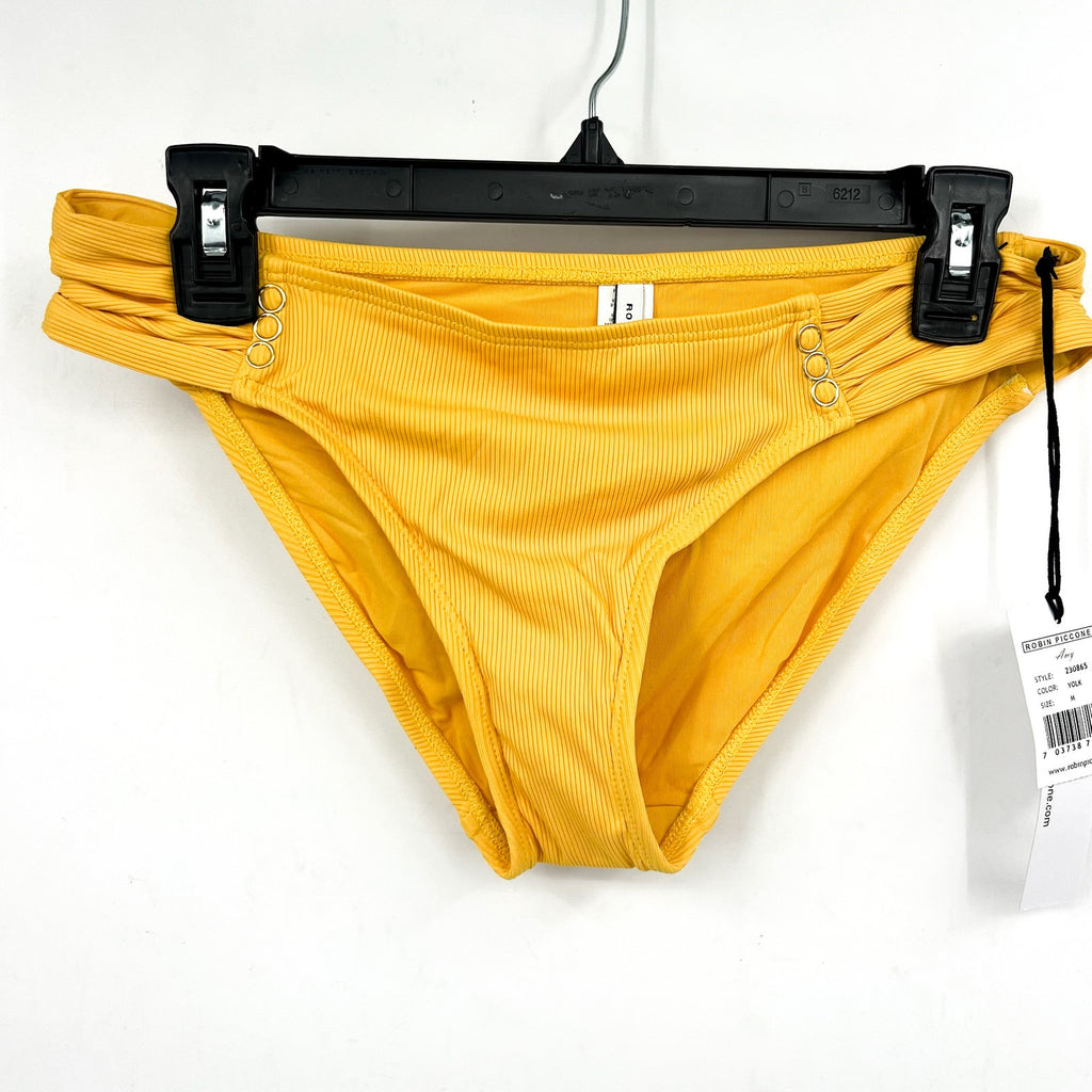 ROBIN PICCONE Women's Amy Tab Side Bikini Bottom Medium Yellow Yolk Ribbed NWT