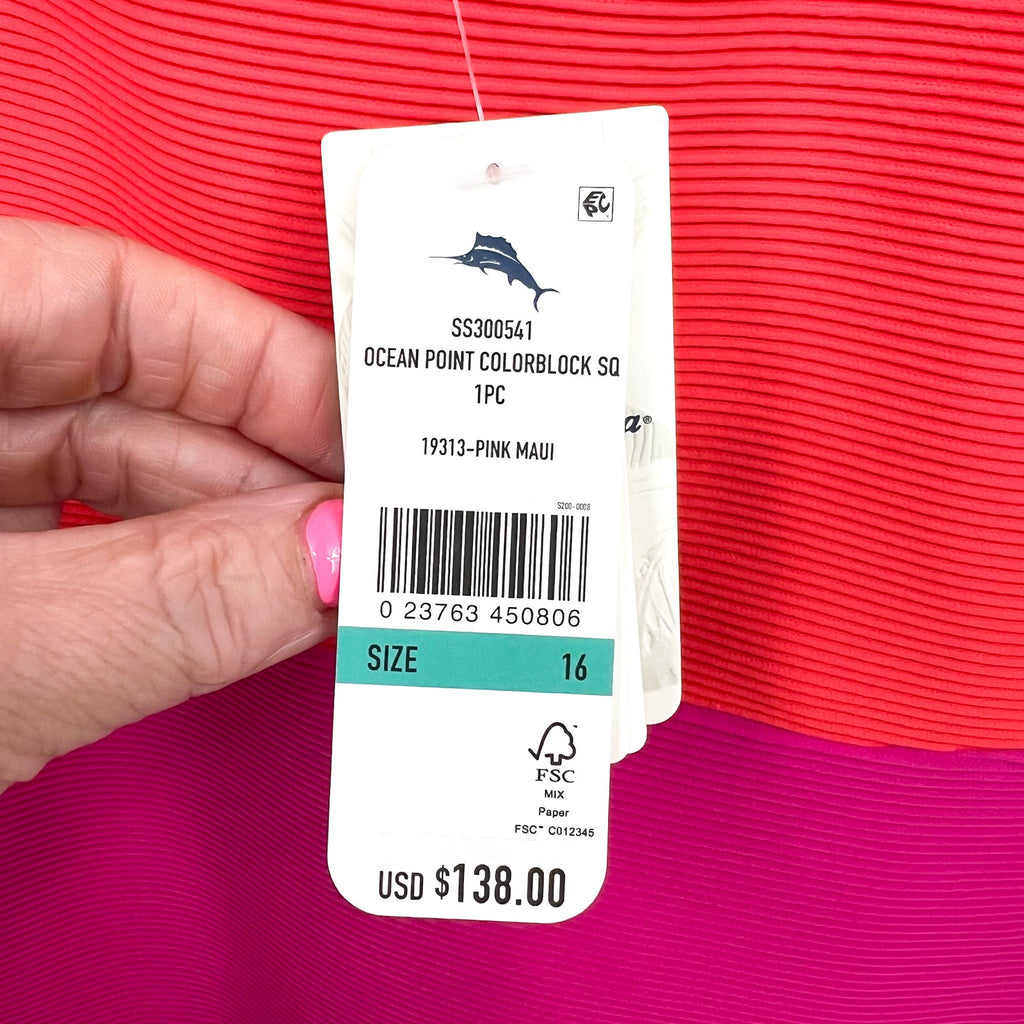 TOMMY BAHAMA Ocean Point One Piece Swimsuit Size 16 Pink Maui Colorblock NWT