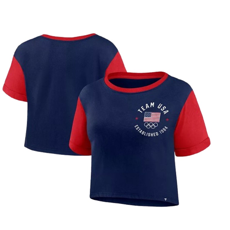 FANATICS Womens Team USA Circle Badge Cropped T-Shirt LARGE Navy Blue Red NWT