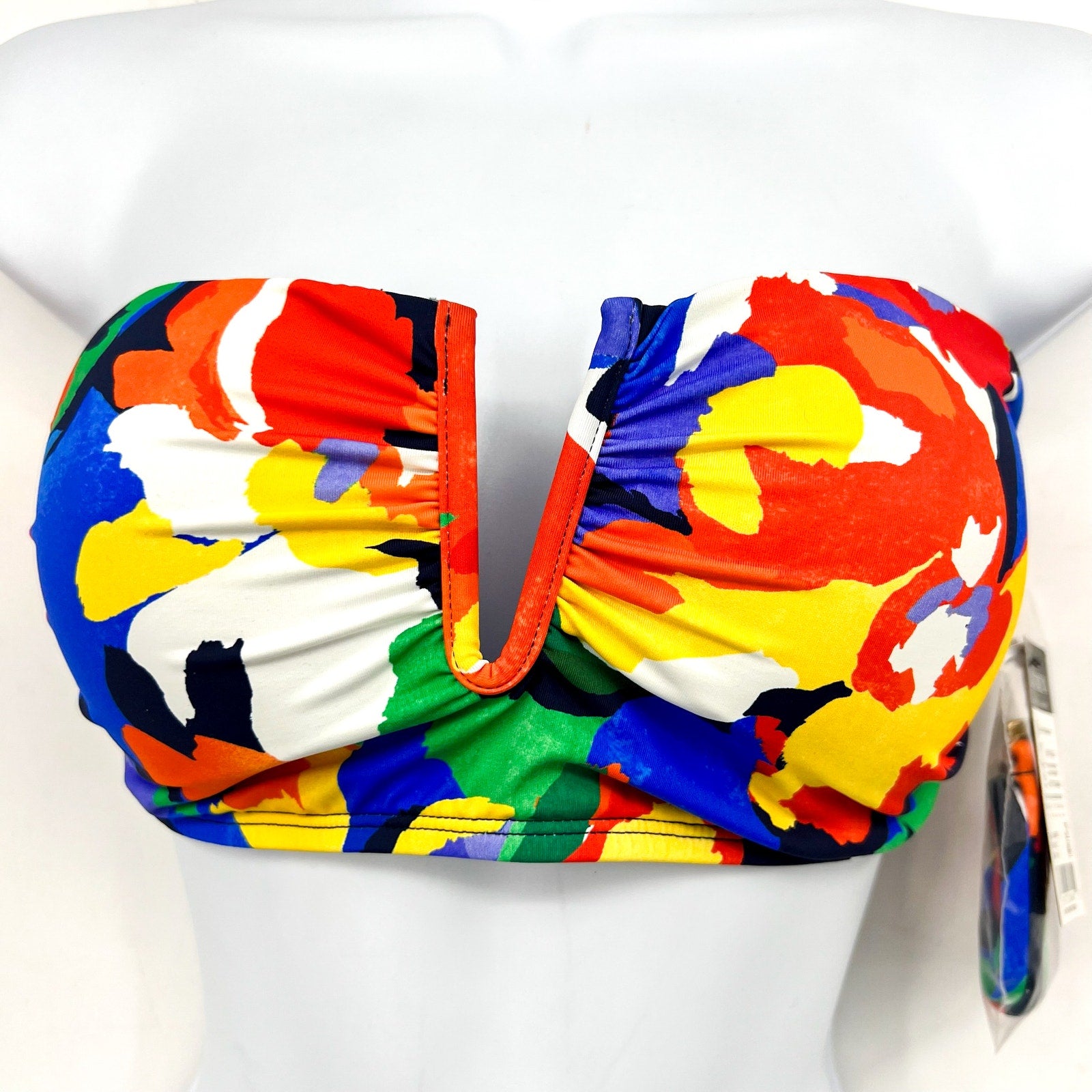 LAUREN RALPH LAUREN Floral V Wire Bandeau Bikini Top SZ 14 Red Blue Abstract NWT