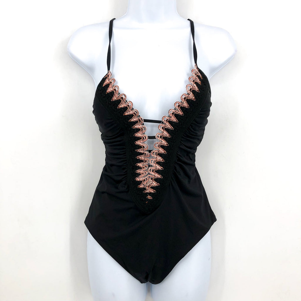 BECCA Women's Layla Plunge One-Piece Swimsuit Small Black Open Back NWT