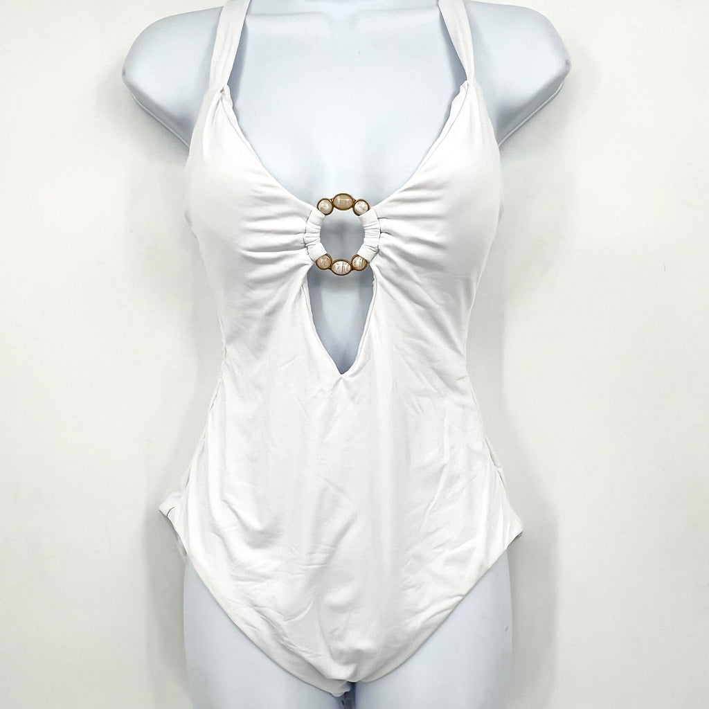 BECCA Women's Marble Canyon Ring One-Piece Swimsuit Large White V Neck NWT