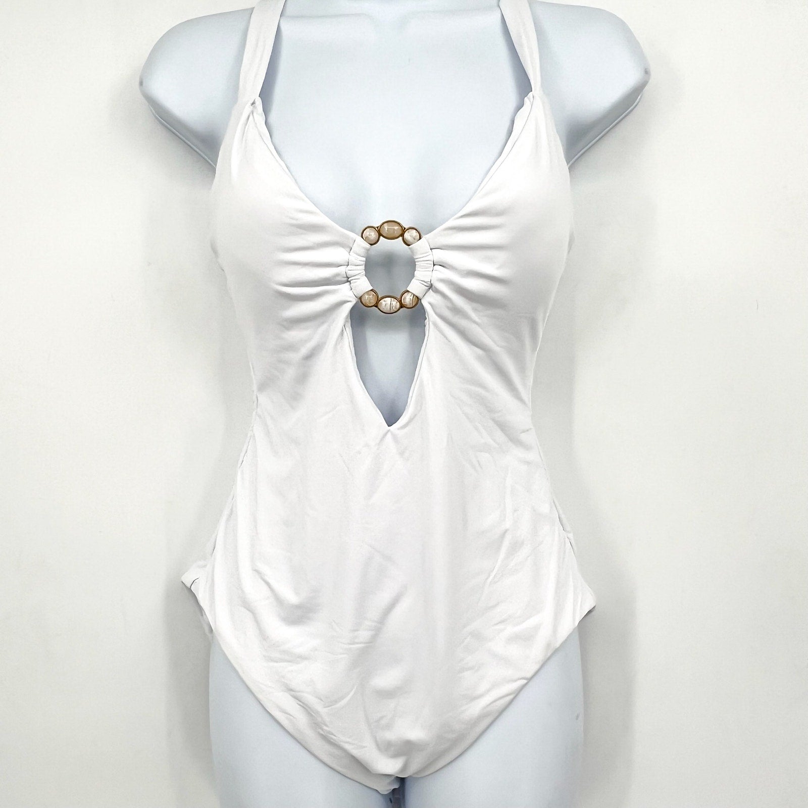 BECCA Women's Marble Canyon Ring One-Piece Swimsuit Large White V Neck NWT