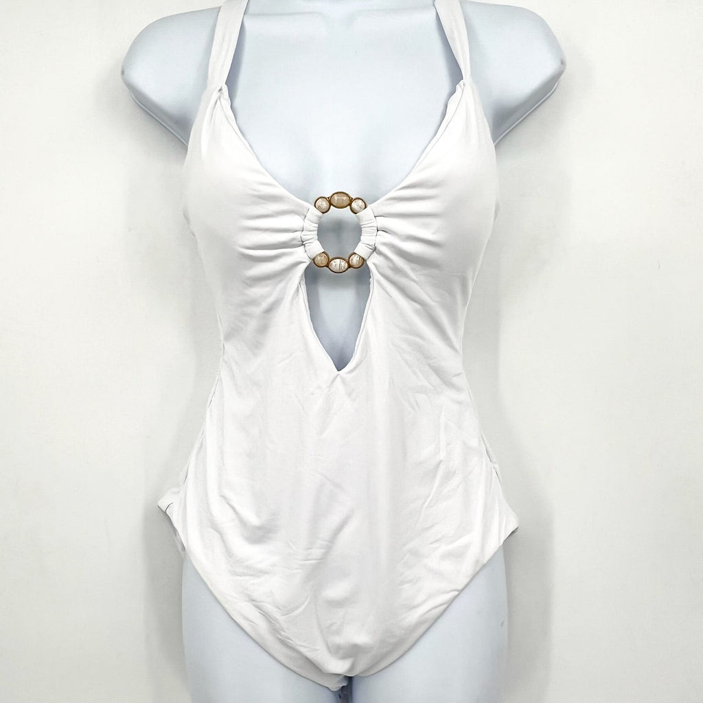 BECCA Women's Marble Canyon Ring One-Piece Swimsuit Large White V Neck NWT