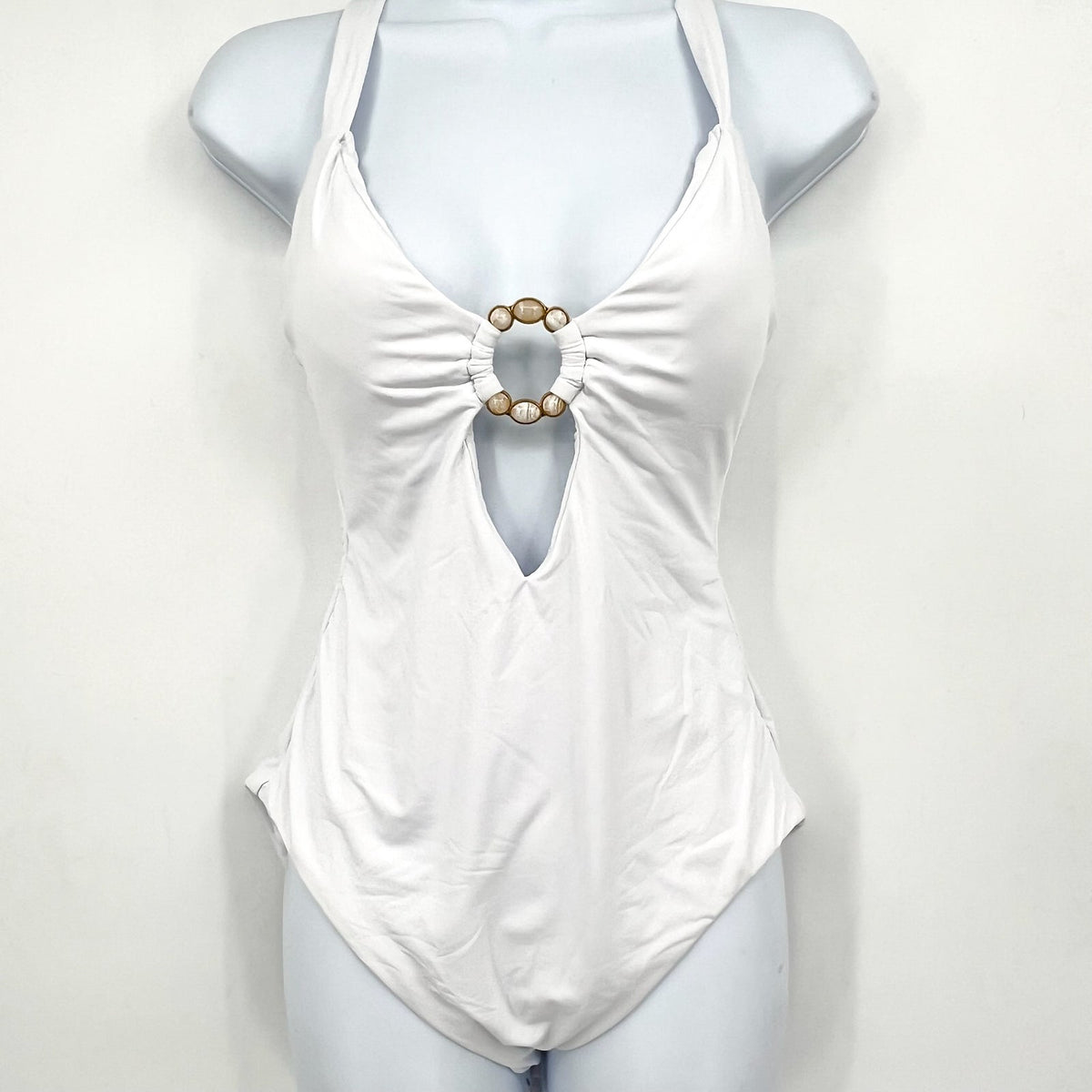 BECCA Women's Marble Canyon Ring One-Piece Swimsuit Large White V Neck NWT