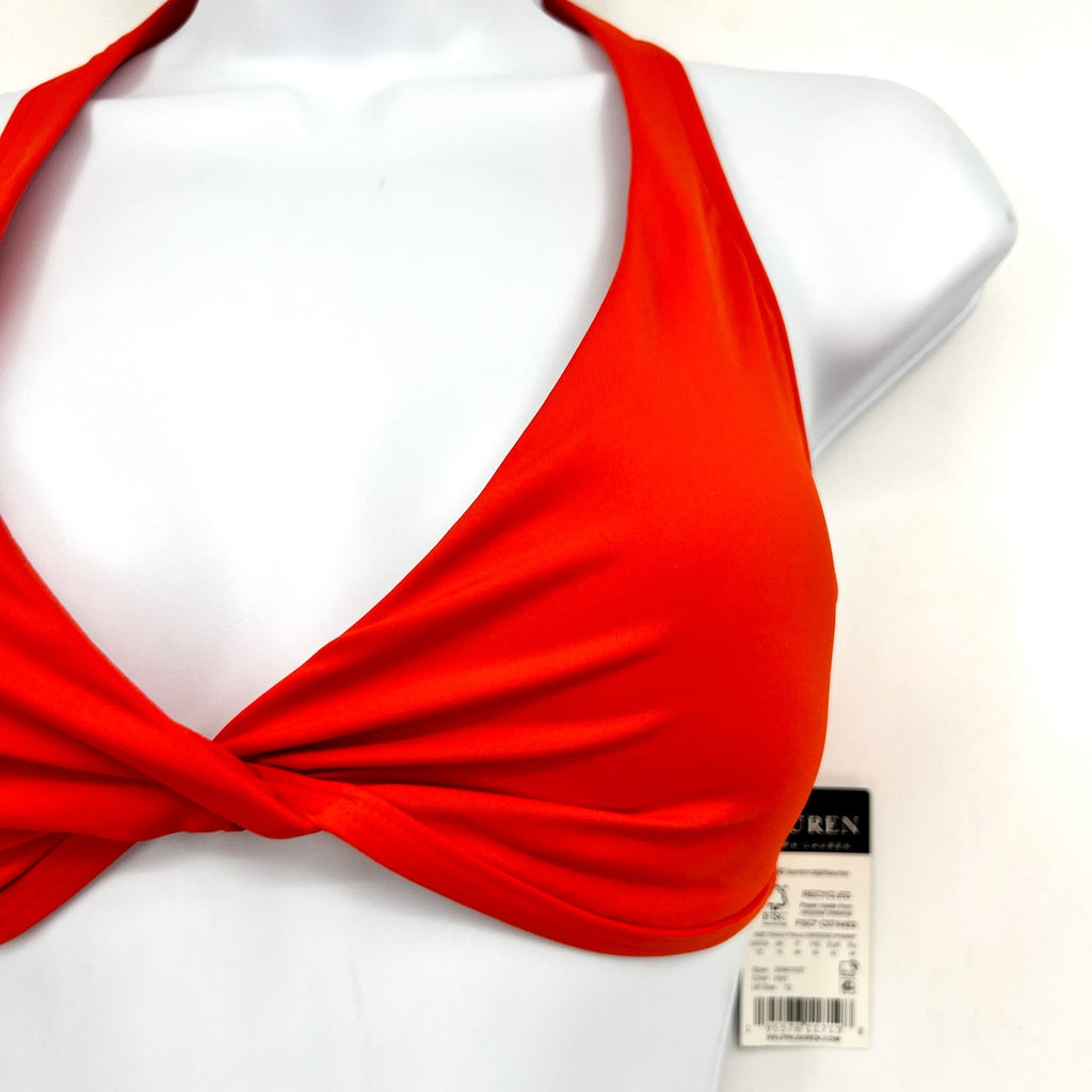 LAUREN RALPH LAUREN Twist-Front Bikini Top Size 12 Red Orange Halter NWT