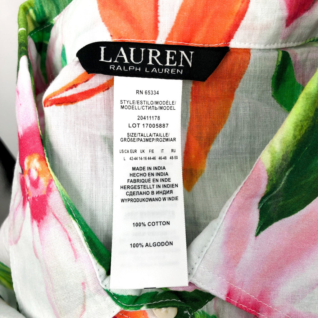 LAUREN RALPH LAUREN Tropical Floral Voile Shirtdress Large White Multi NWT