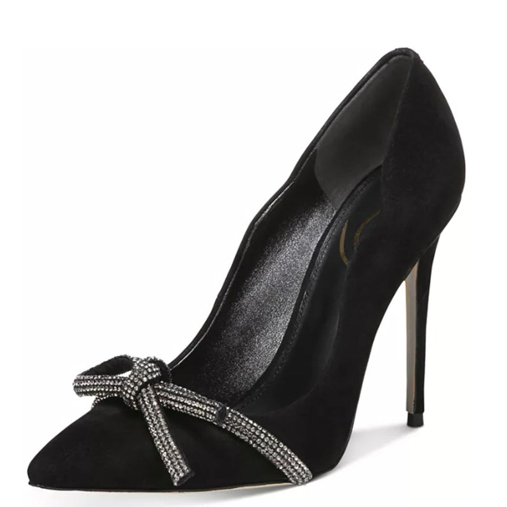 SAM EDELMAN Women's Deela Rhinestone Bow Pumps 9M Black Satin Pointed Toe