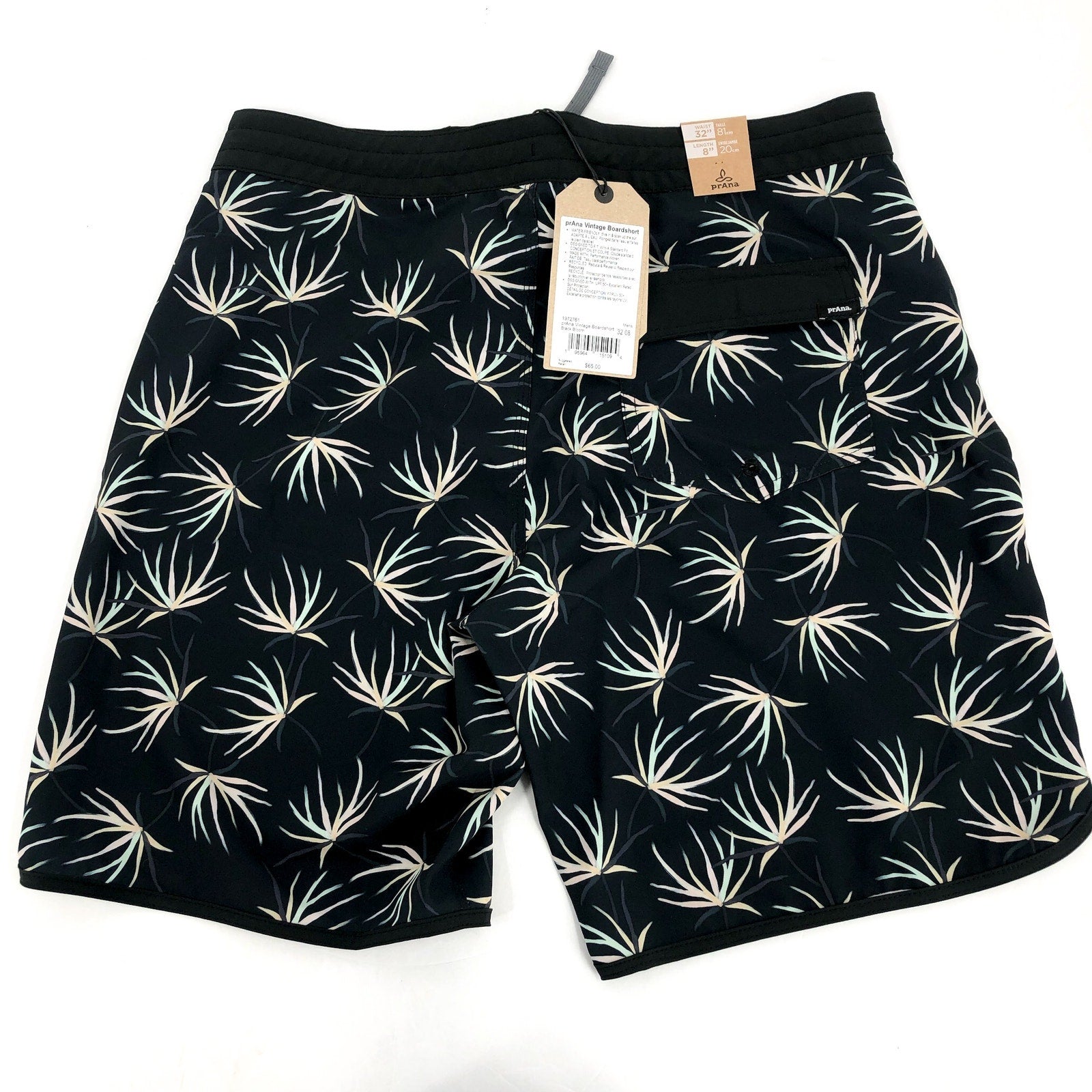 PRANA Men's Vintage Boardshort Size 32 Black Bloom 8" Inseam Drawstring NWT