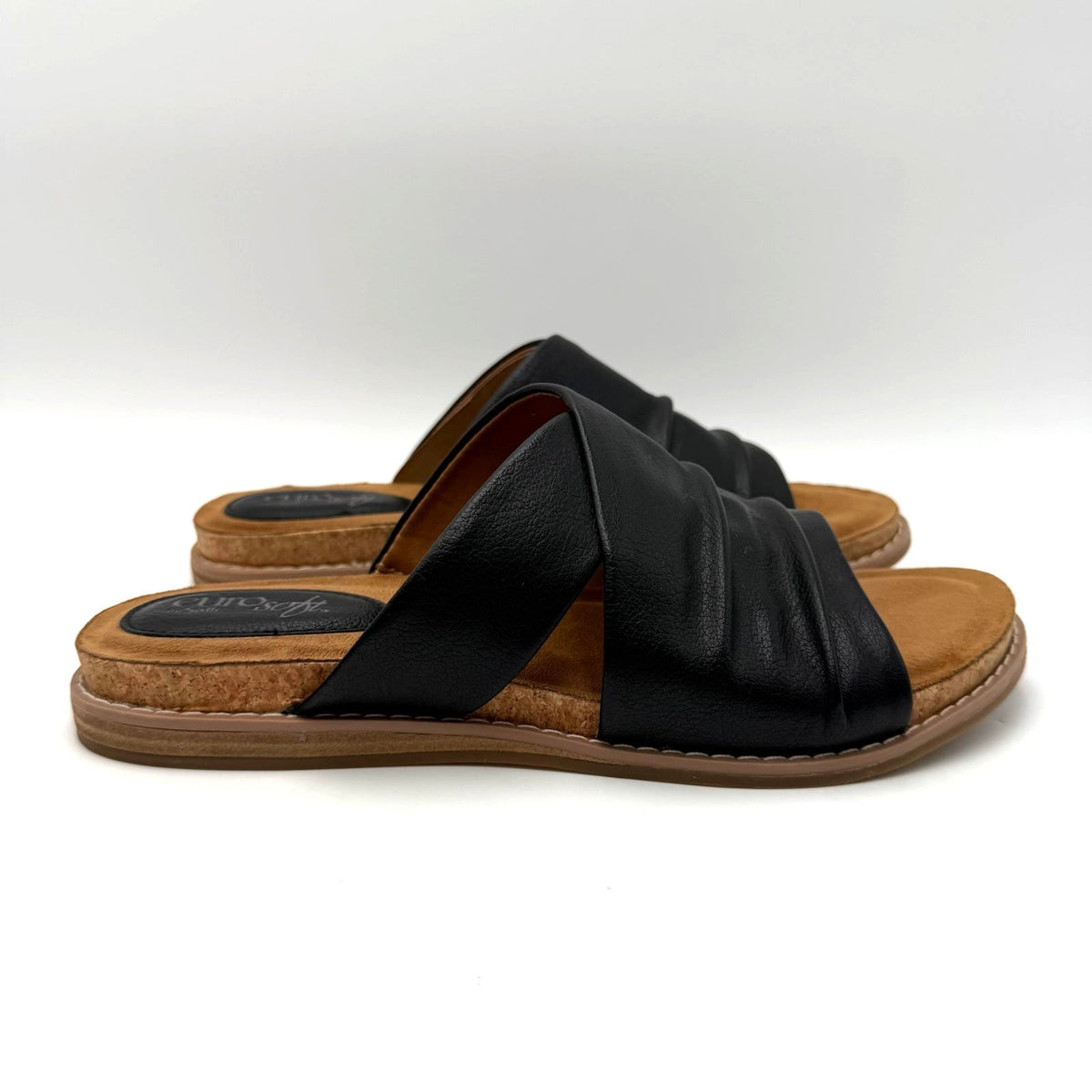 Eurosoft Womens Elesha Slide Sandals Size 8.5 Black Ruched Faux Leather NWOB
