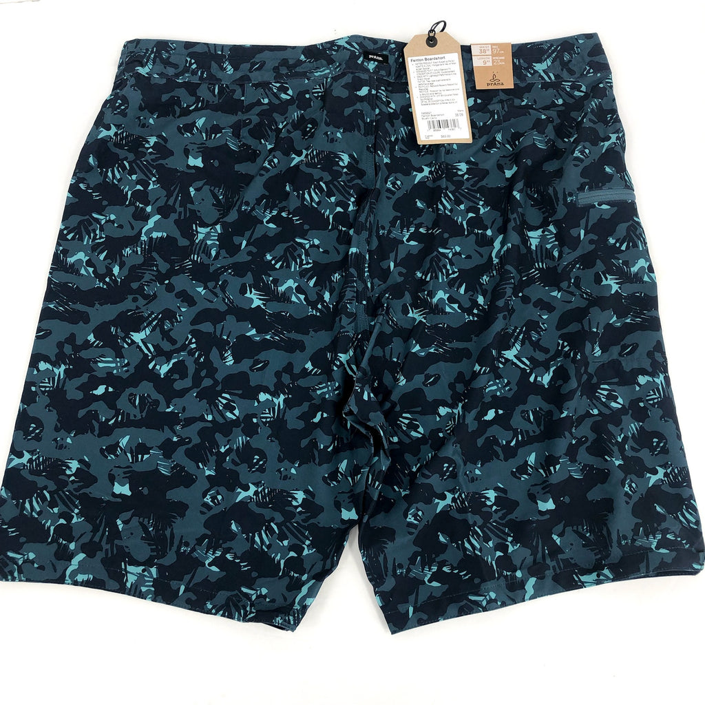 PRANA Men's Fenton Board Shorts Size 38 XL Bluefin Camo 9" Inseam UPF 50+ NWT