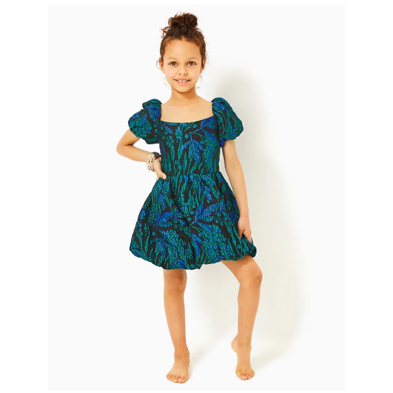 LILLY PULITZER Girls Koji Dress US 2 Deep Lagoon Berry Wild Metallic Brocade NWT