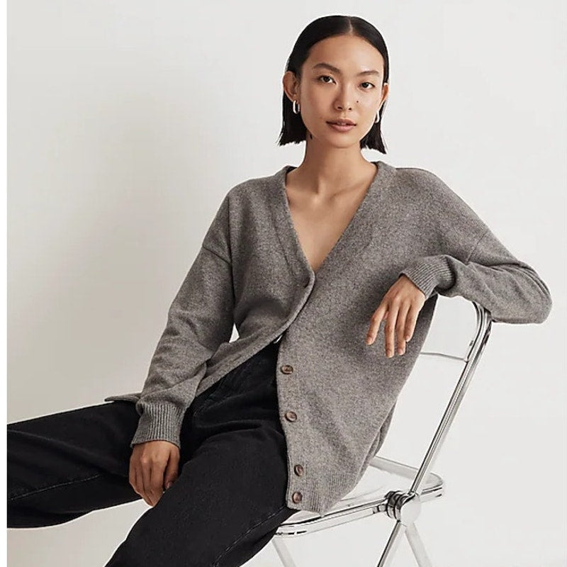 MADEWELL Women's V-Neck Relaxed Cardigan Medium Grey Merino Wool NM610 NWT