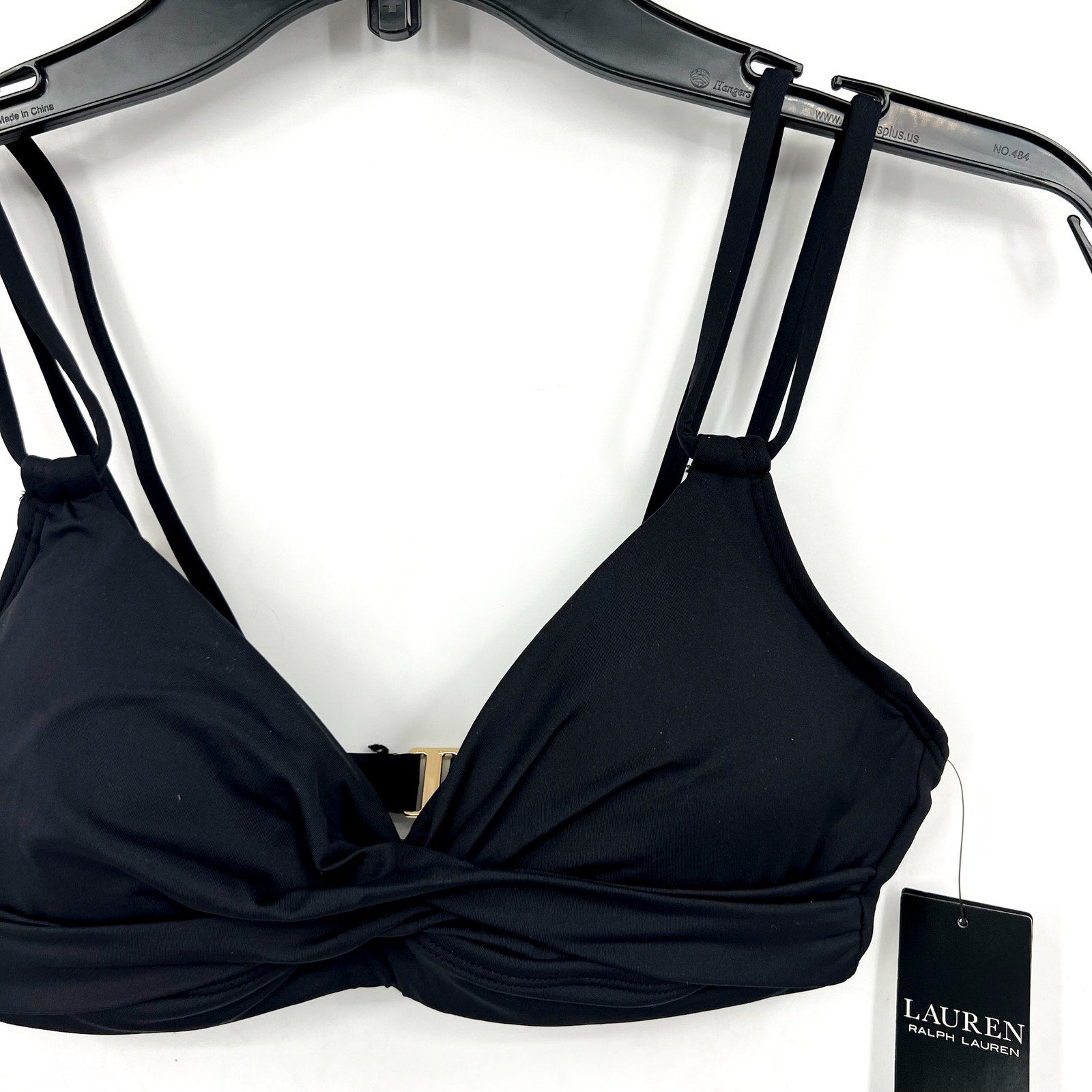 LAUREN RALPH LAUREN Double Strap Twist Bikini Top Size 4 Black Underwire NWT