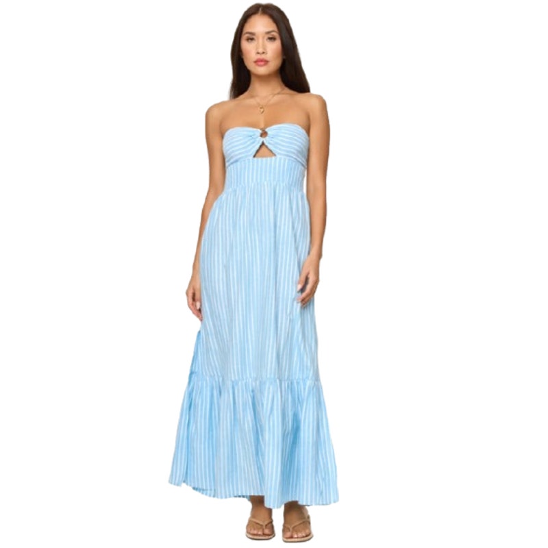 L*SPACE Women's Melody Strapless Maxi Dress Large Blue White Striped NWT
