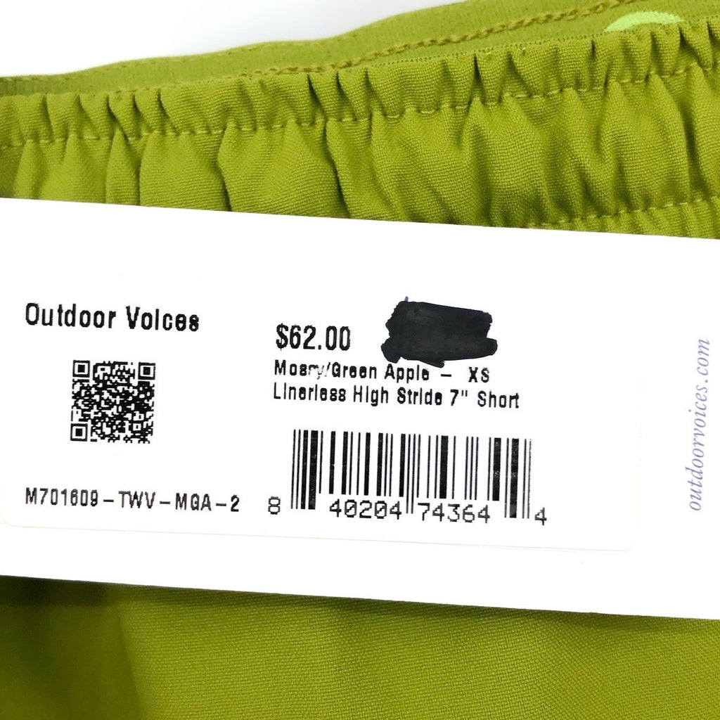 OUTDOOR VOICES Men's Linerless High Stride 7" Shorts XS Mossy Green Apple