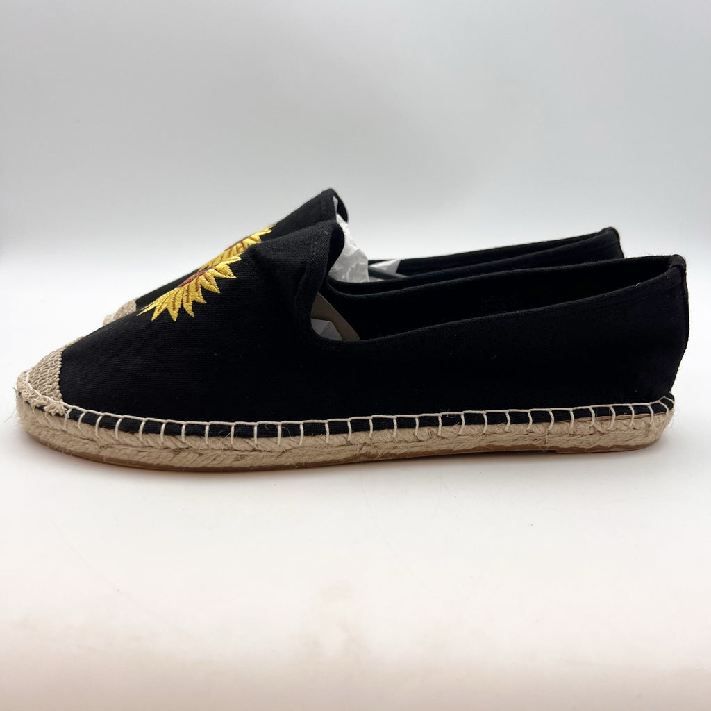 Coldwater Creek Womens Espadrille Flats 8.5 Wide Black Canvas Sunflower NIB