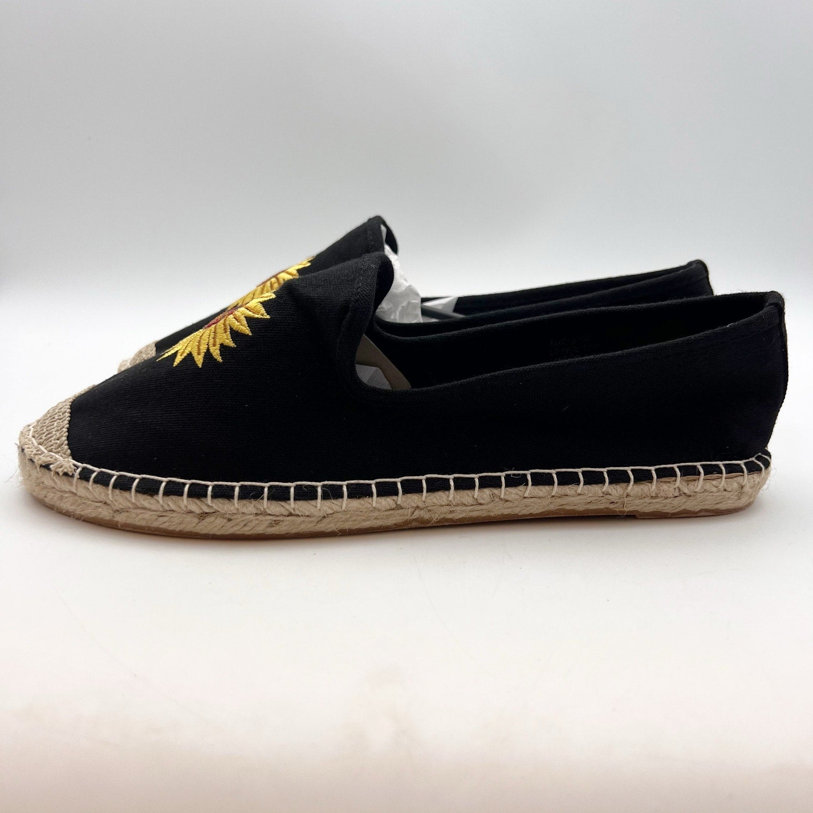 Coldwater Creek Womens Espadrille Flats 8.5 Wide Black Canvas Sunflower NIB