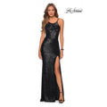 LA FEMME Sequin High Neck Dress Size 0 Black Long Slit Low Back 28529 NWT