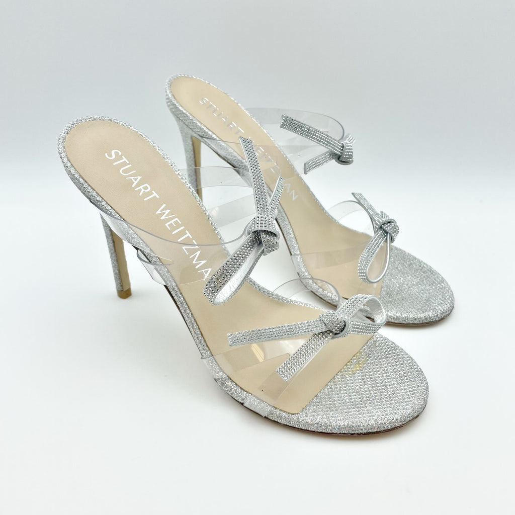 Stuart Weitzman Womens Bow 100 Slide Heel Sandals US 8 M EU 38.5 Silver NWOB