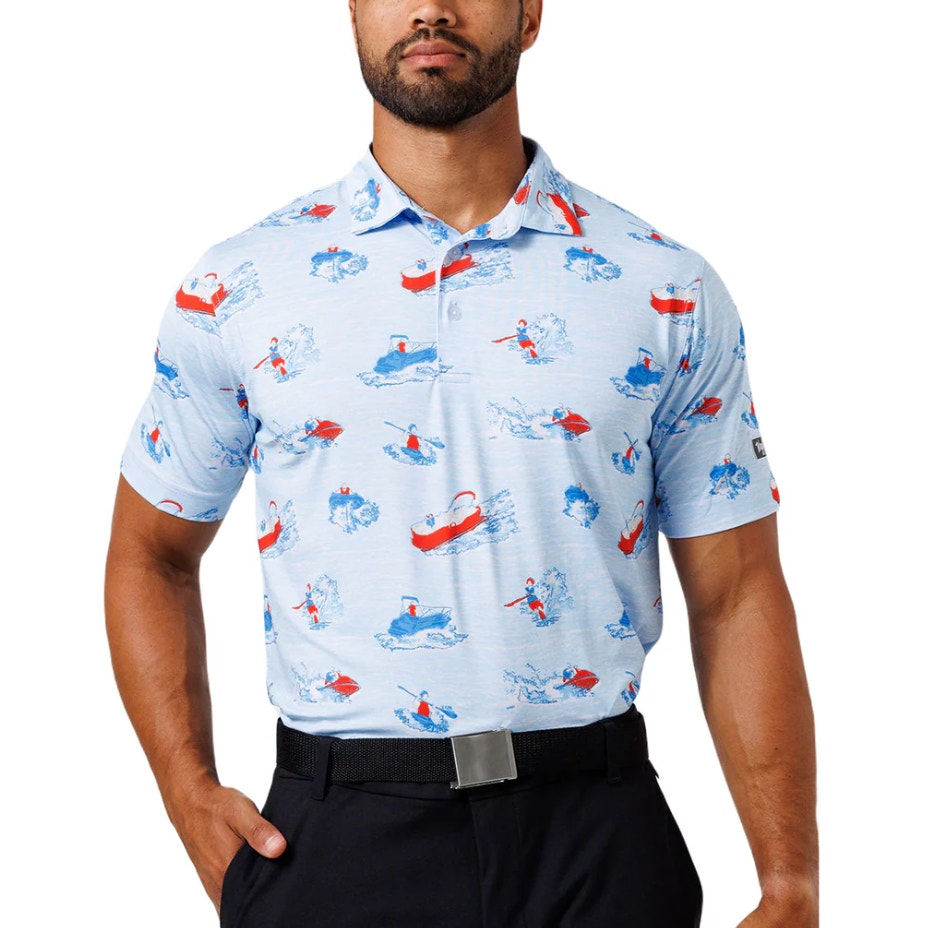 WAGGLE Mens Lake Life Golf Polo Shirt 2XL XXL Blue Print Short Sleeve NWT