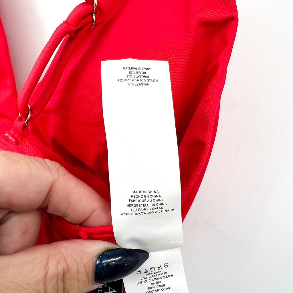 LAUREN RALPH LAUREN Toggle V Neck Bikini Top Size 10 Red Beach Club Solids NWT