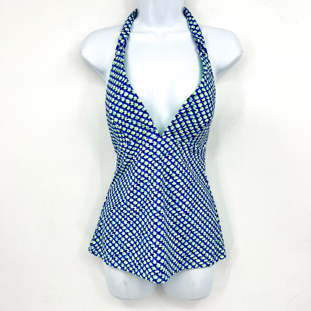 TOMMY BAHAMA Mosaic Pool Ring Tankini Top XL Beach Glass Blue Palm Modern NWT