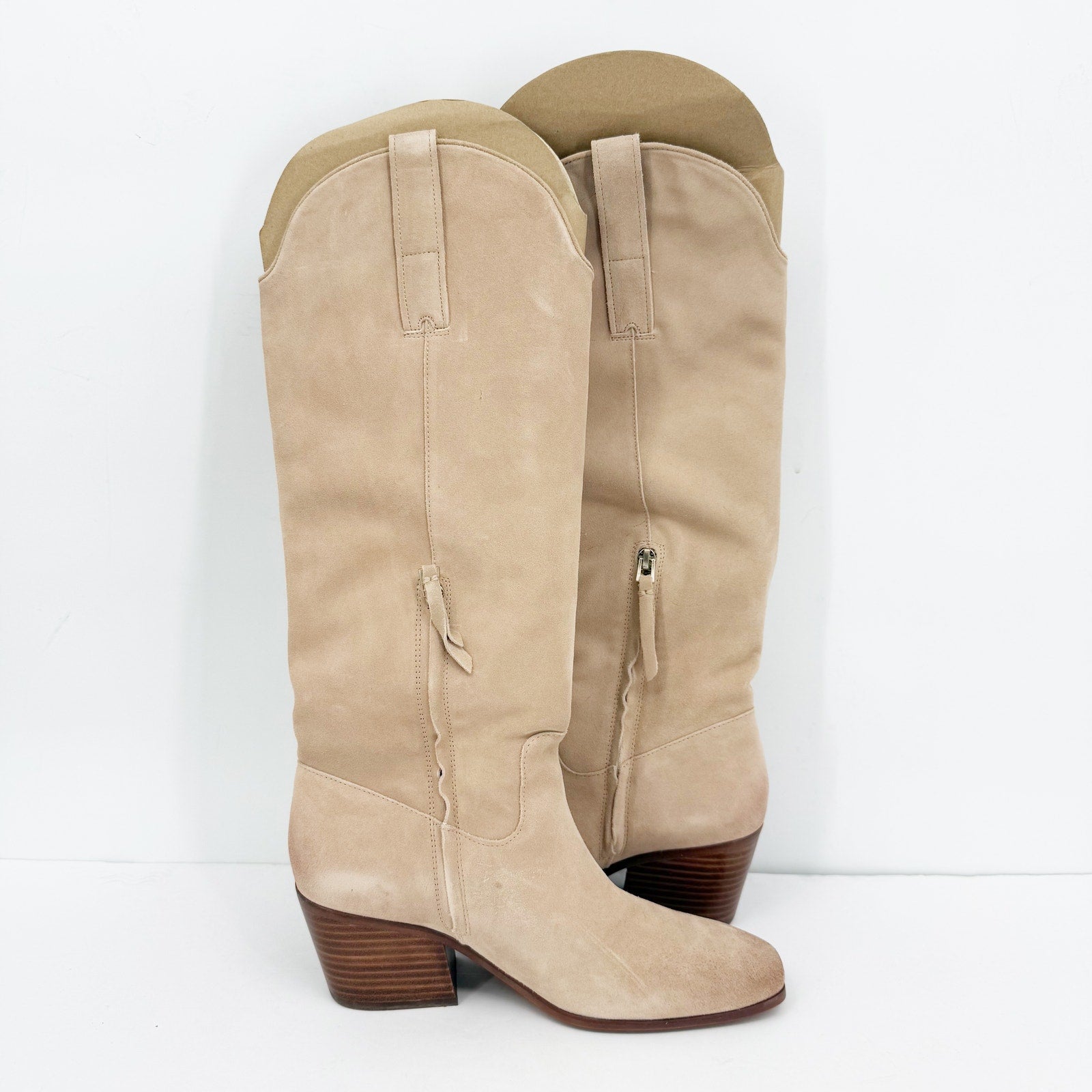 Sam Edelman Womens Britten Western Knee High Boots Size 8 Cream Tan Suede NIB