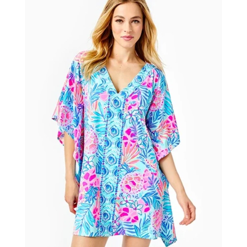 LILLY PULITZER Skyla Caftan Cover-up Large Blue Pink Rainforest Retreat NWT