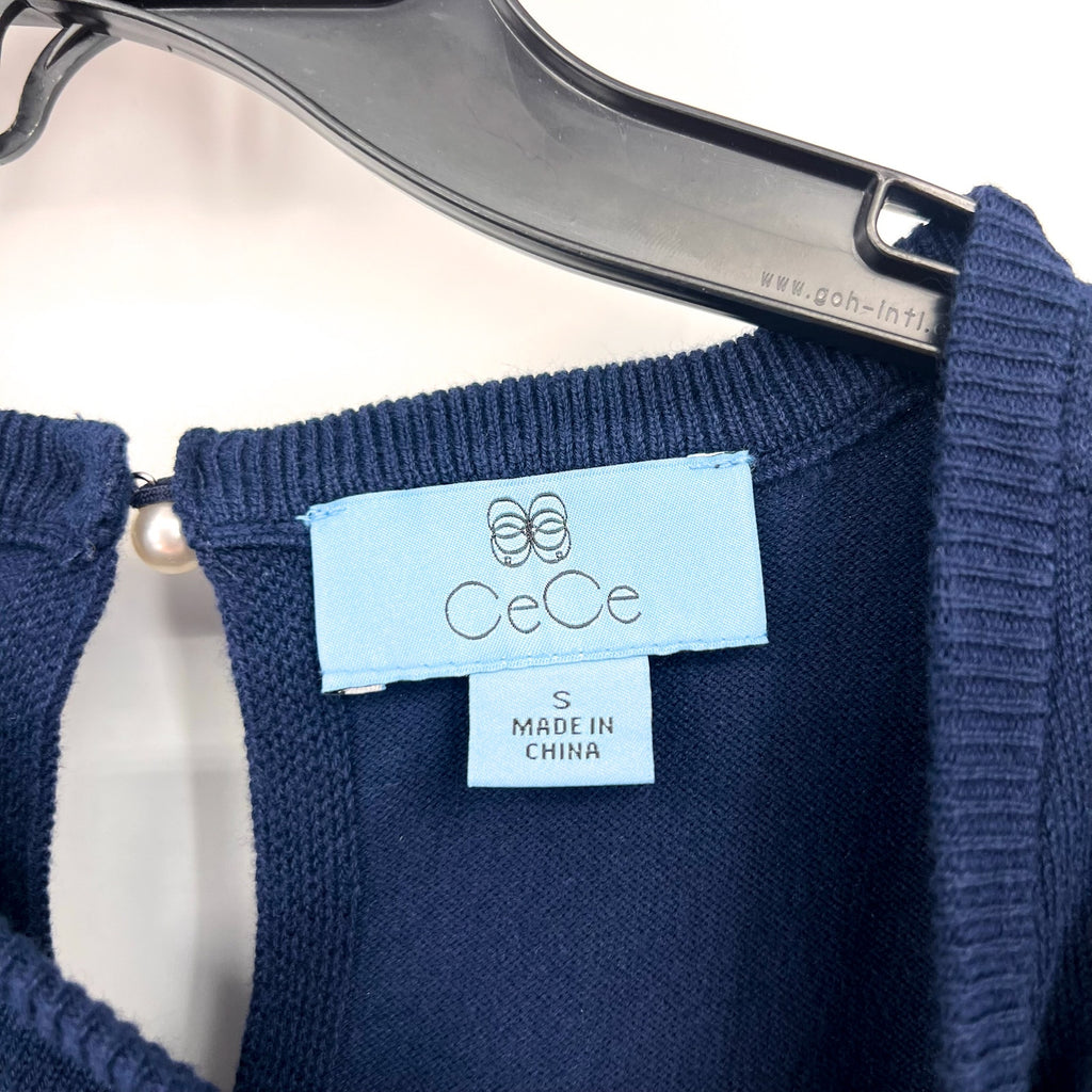 CECE Womens Knit Top Small Classic Navy Blue Pearl Button Short Sleeve NWT