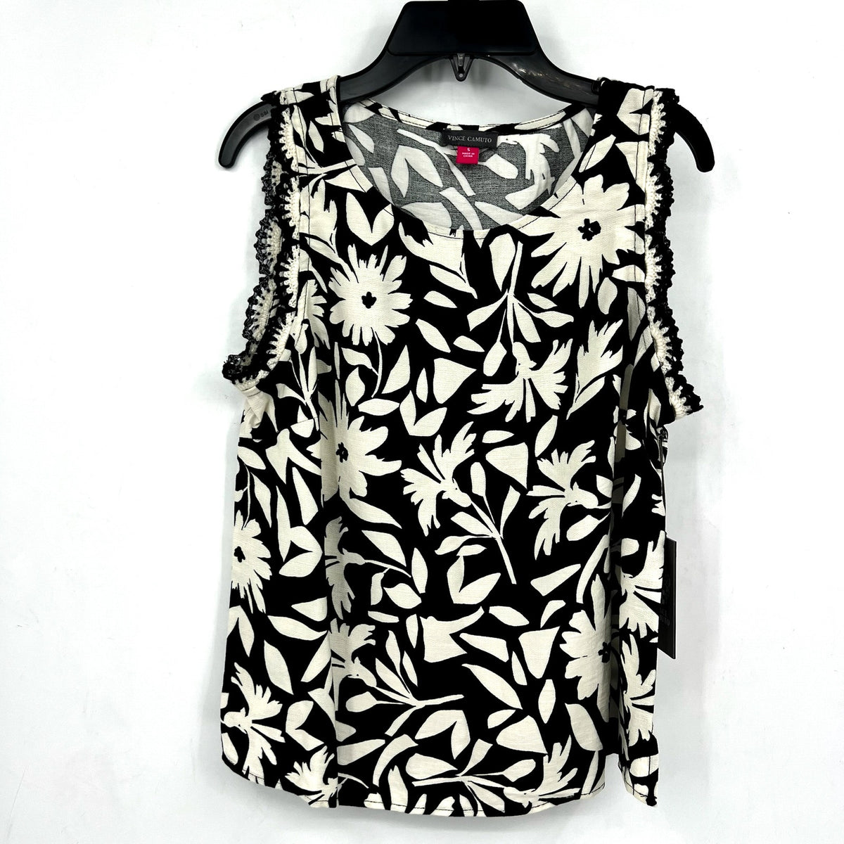 VINCE CAMUTO Women's Floral-Print Top Small Black White Crocheted-Trim NWT
