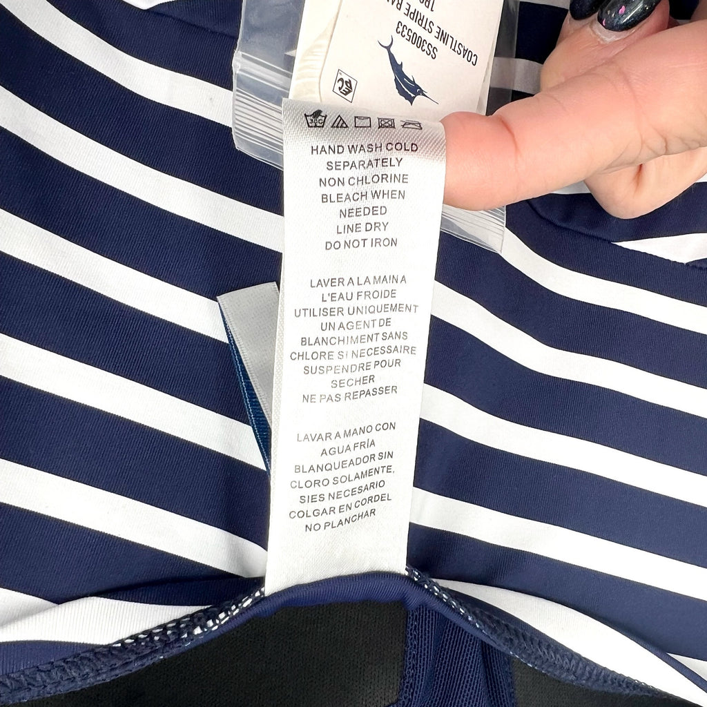 TOMMY BAHAMA Coastline Stripe Bandeau One Piece Swimsuit Size 8 Blue White NWT