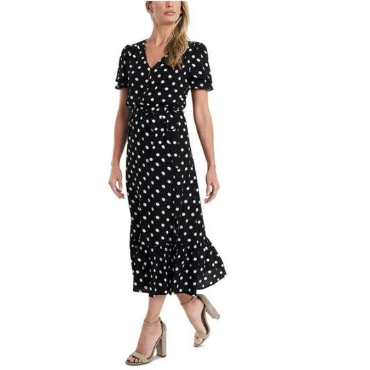 CECE Women's Polka Dot Midi Dress 12 Black White