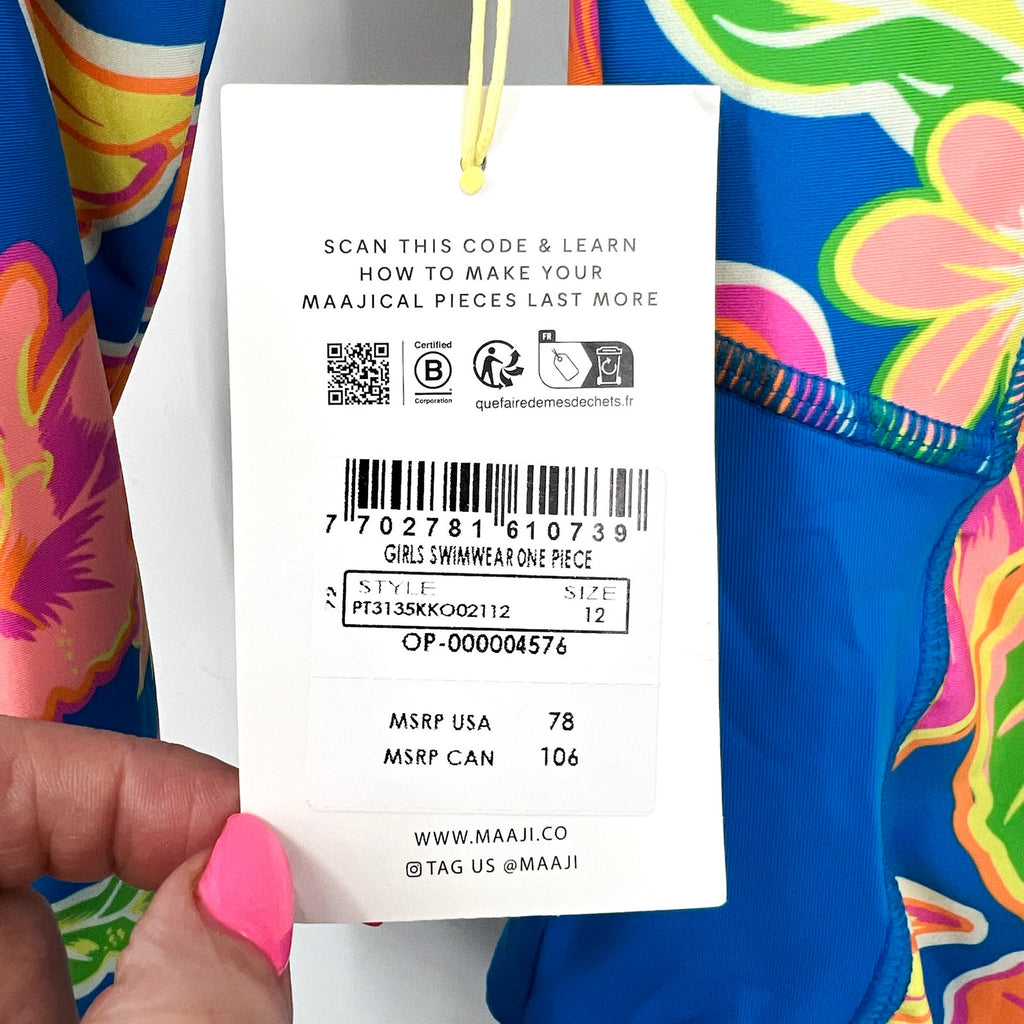 MAAJI Girl Miku One Piece Swimsuit Size 12 Blue Pink Fruit Punch Long Sleeve NWT