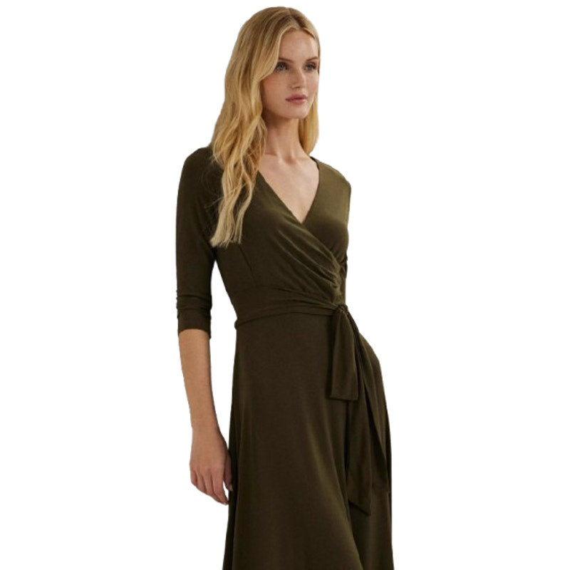 LAUREN RALPH LAUREN Surplice Jersey Dress Size 8 Olive Green Faux Wrap Belt NWT