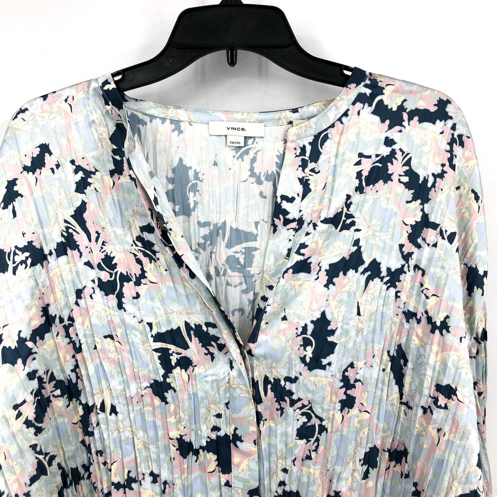 VINCE Women's Pleated Lotus Print Blouse 2X Tide Pool Blue Top Floral NWT