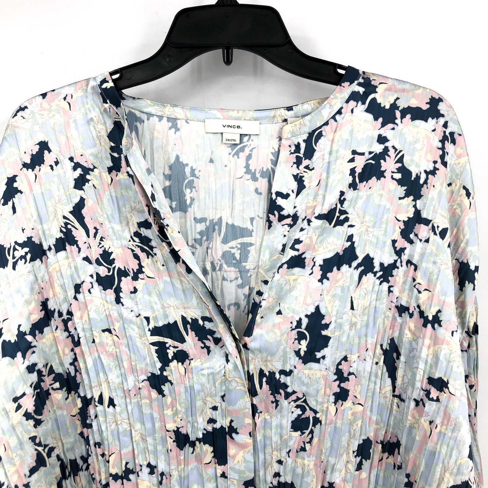 VINCE Women's Pleated Lotus Print Blouse 2X Tide Pool Blue Top Floral NWT