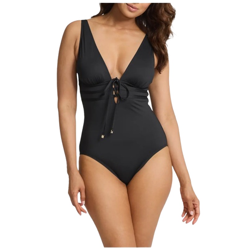 TOMMY BAHAMA Pearl Tie-Front One-Piece Swimsuit Size 6 Black V Neck NWOT
