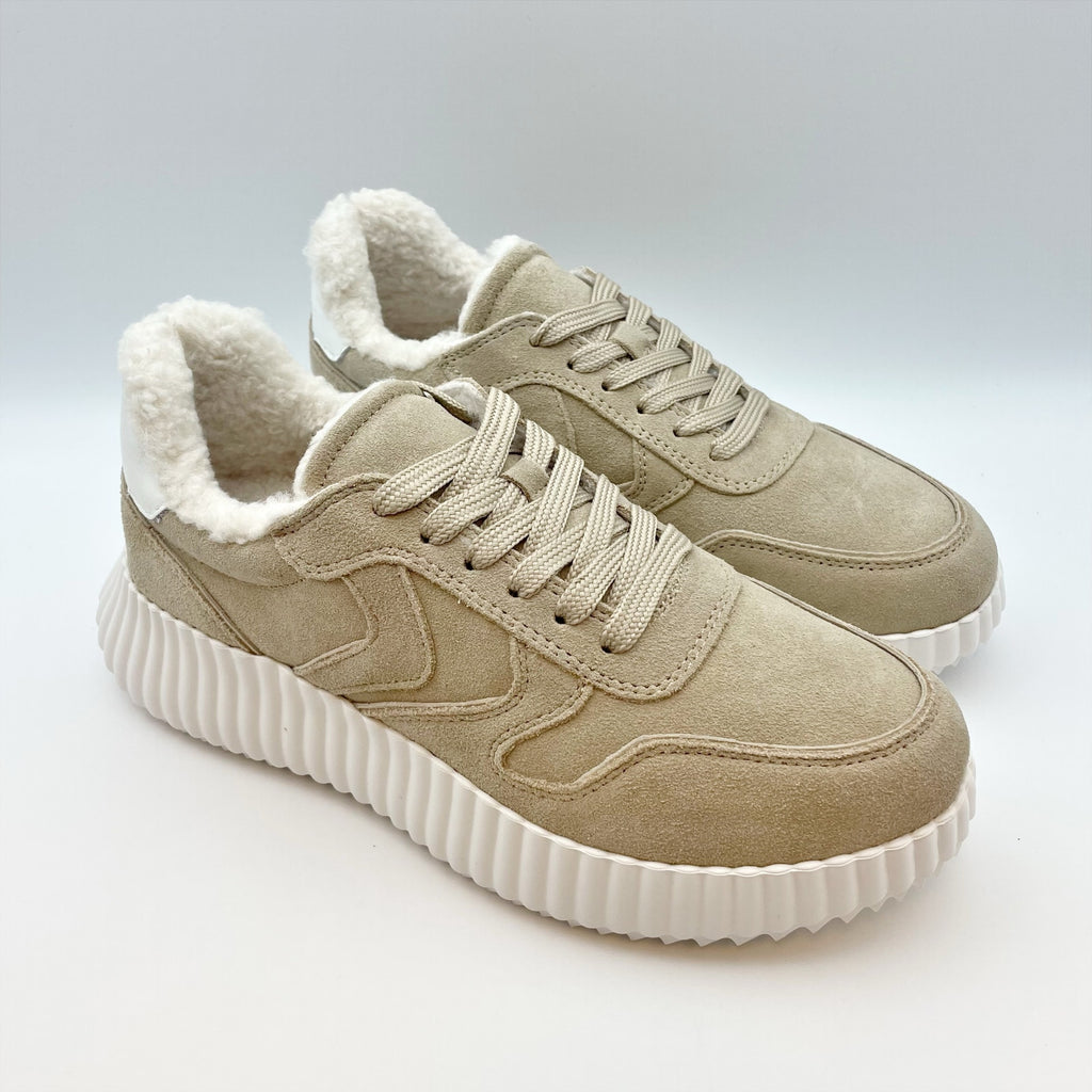 Steve Madden Womens Shereen-Fur Lined Sneakers US 8.5 M EU 39 Tan Grey Suede NIB