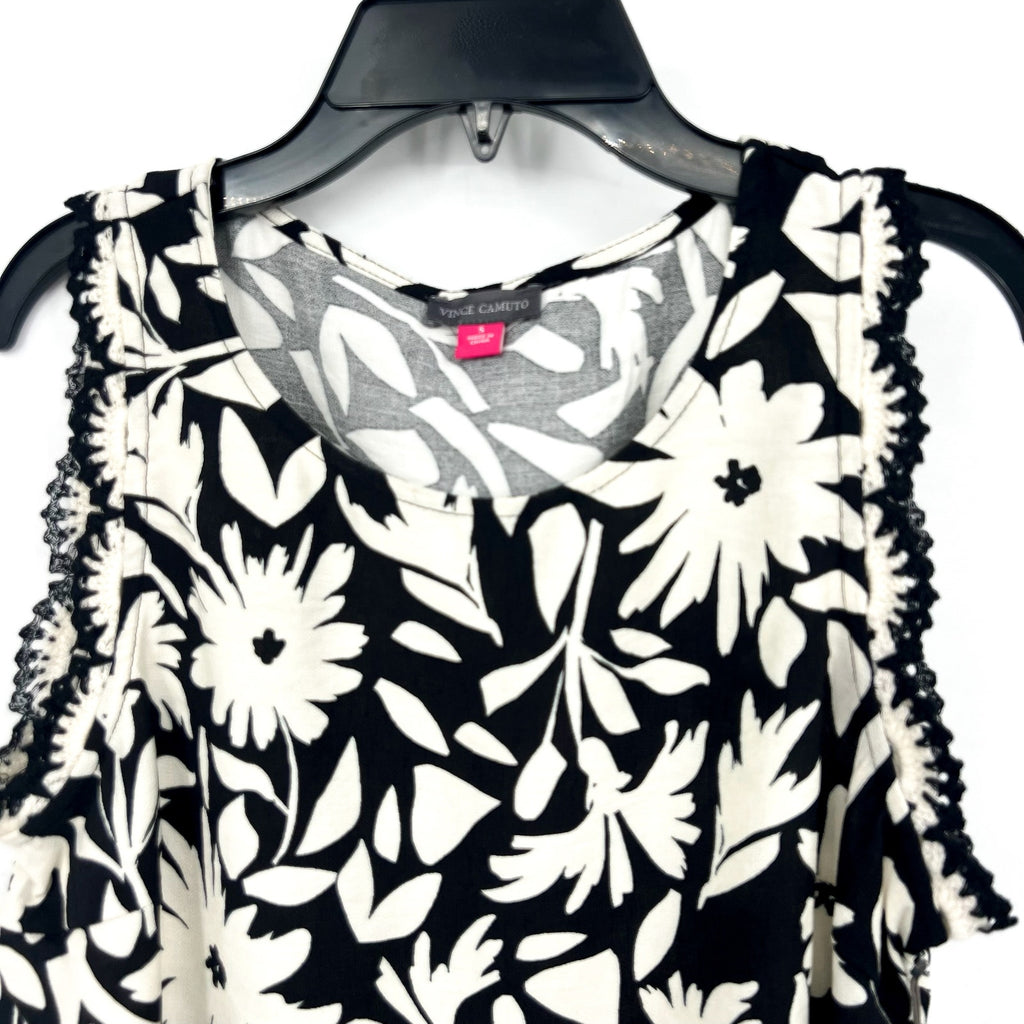 VINCE CAMUTO Women's Floral-Print Top Small Black White Crocheted-Trim NWT